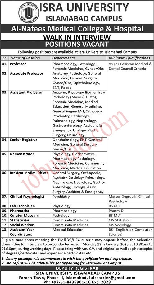 New Isra University Jobs in Islamabad Campus January 2025