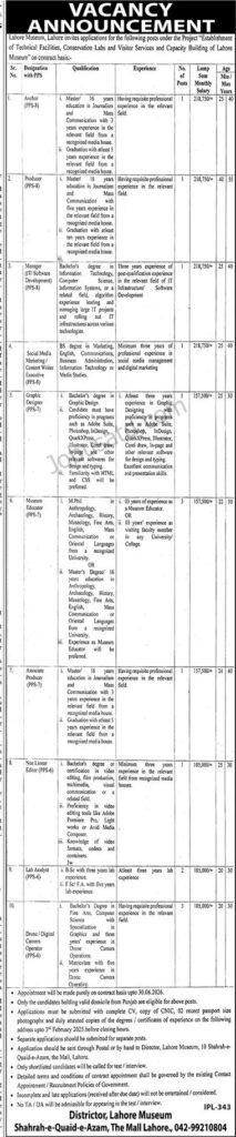 New Jobs In Lahore Museum January 2025 Advertisement