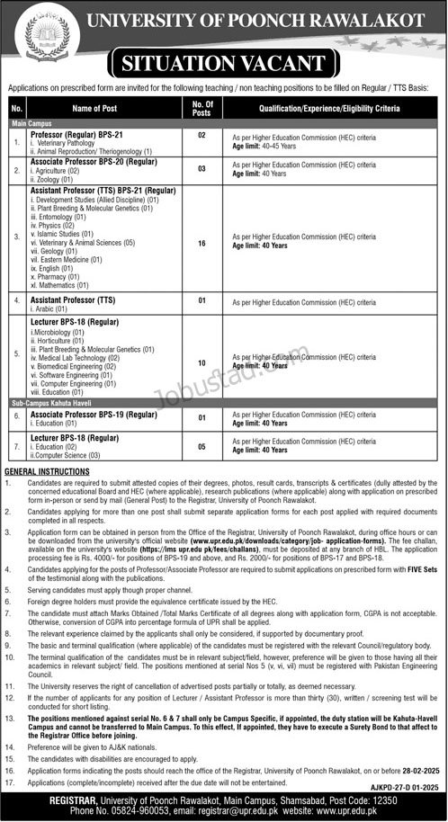 New Jobs In University of Poonch Rawalakot January 2025 Advertisement 