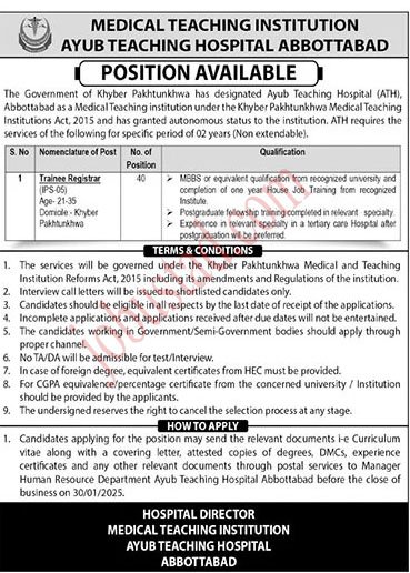 New MTI Ayub Teaching Hospital Jobs in Abbottabad January 2025