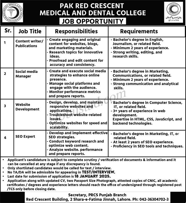 Pak Red Crescent Medical and Dental College Jobs In Lahore January 2025 Advertisement