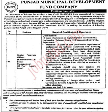 Punjab Municipal Development Fund Company Jobs in Lahore January 2025