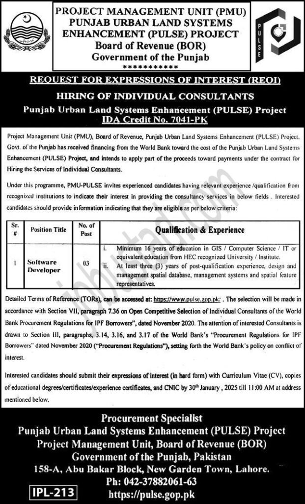Punjab Urban Land Systems Jobs Lahore January 2025