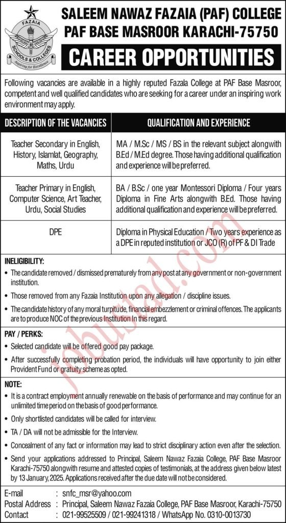 Saleem Nawaz Fazaia PAF College Jobs in Karachi January 2025
