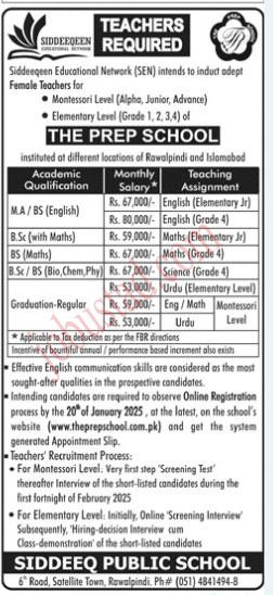 Siddeeq Public School Jobs in Rawalpindi January 2025