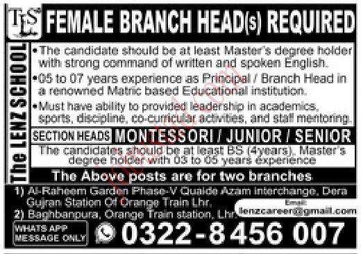 The LENZ School Branch Head Jobs in Lahore January 2025