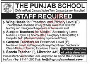 The Punjab School Jobs in Lahore January 2025