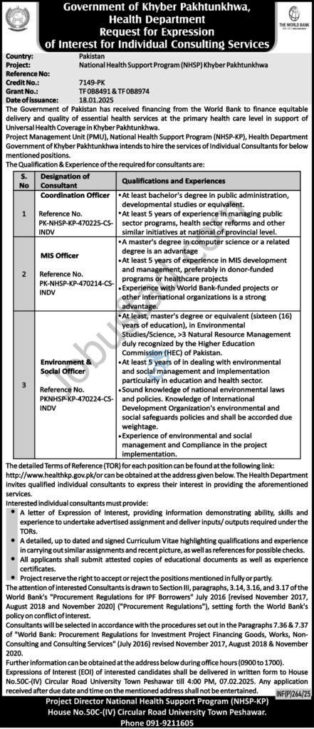 Today Health Department Jobs In KPK January 2025 Advertisement