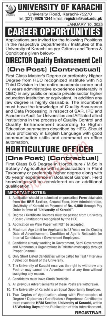 University of Karachi Jobs January 2025