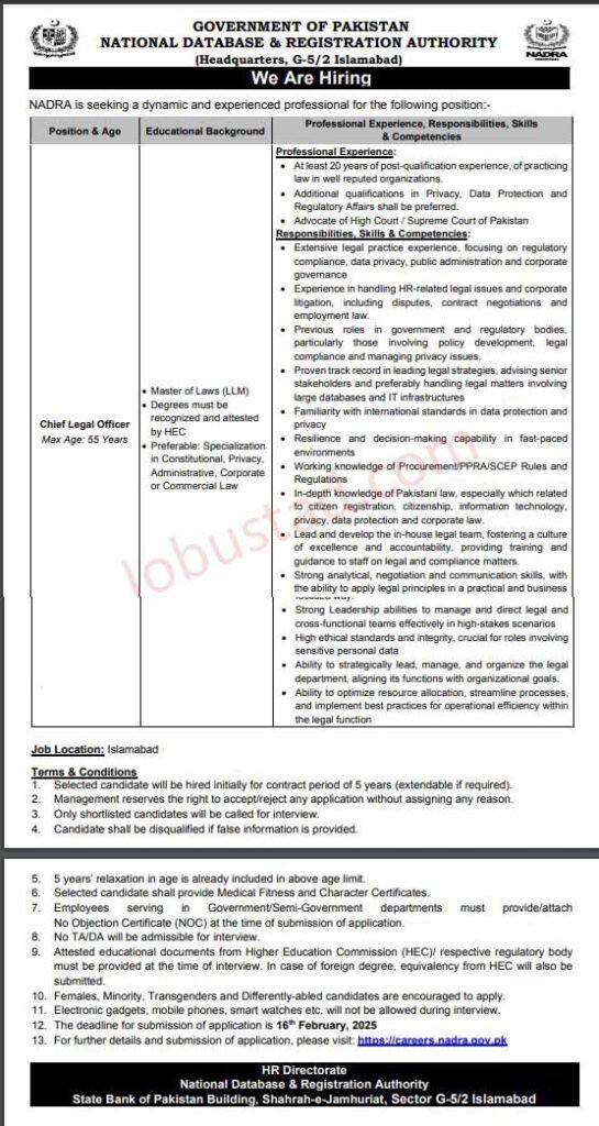Latest Nadra Jobs in Islamabad February 2025 