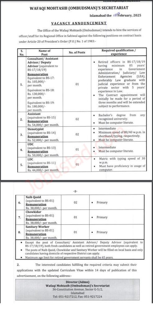 Latest Wafaqi Mohtasib Secretariat Jobs in Sahiwal February 2025