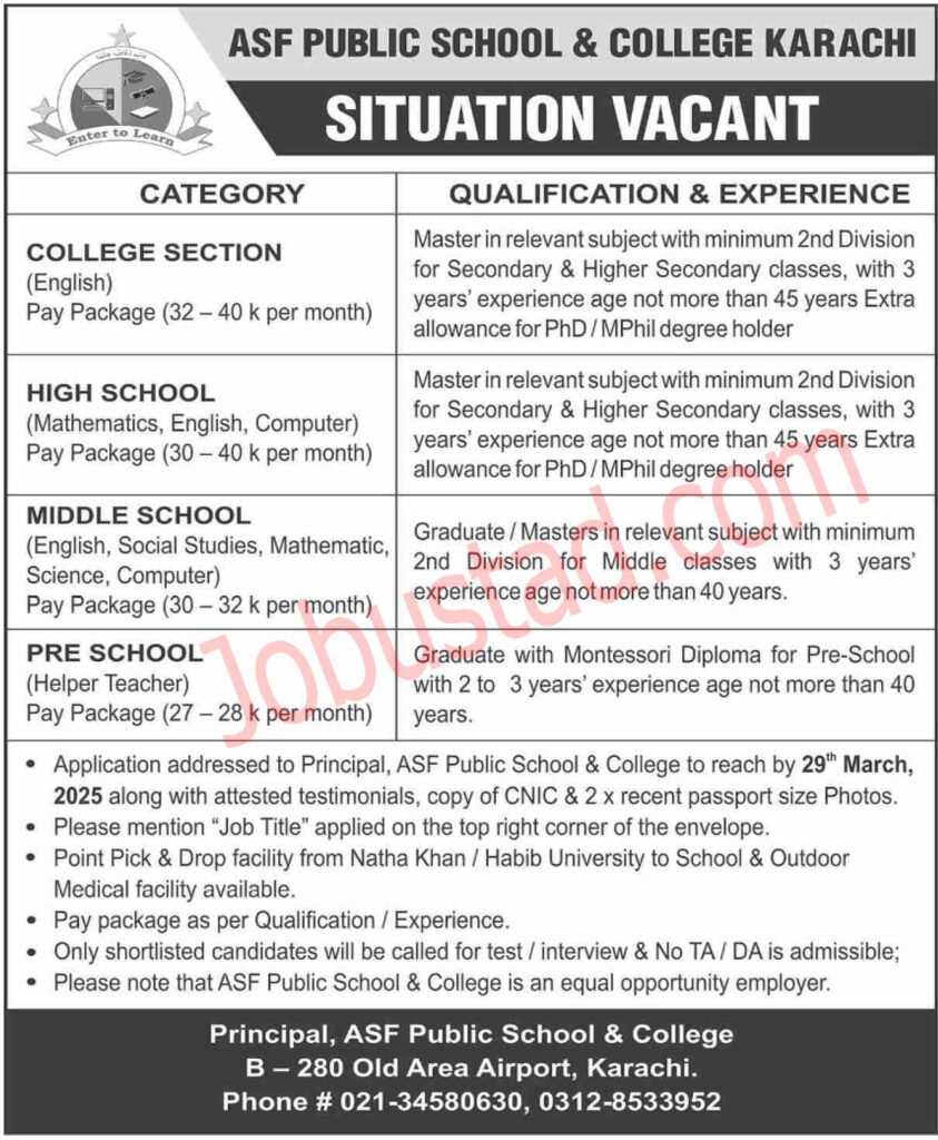 ASF Public School & College Jobs in Karachi March 2025