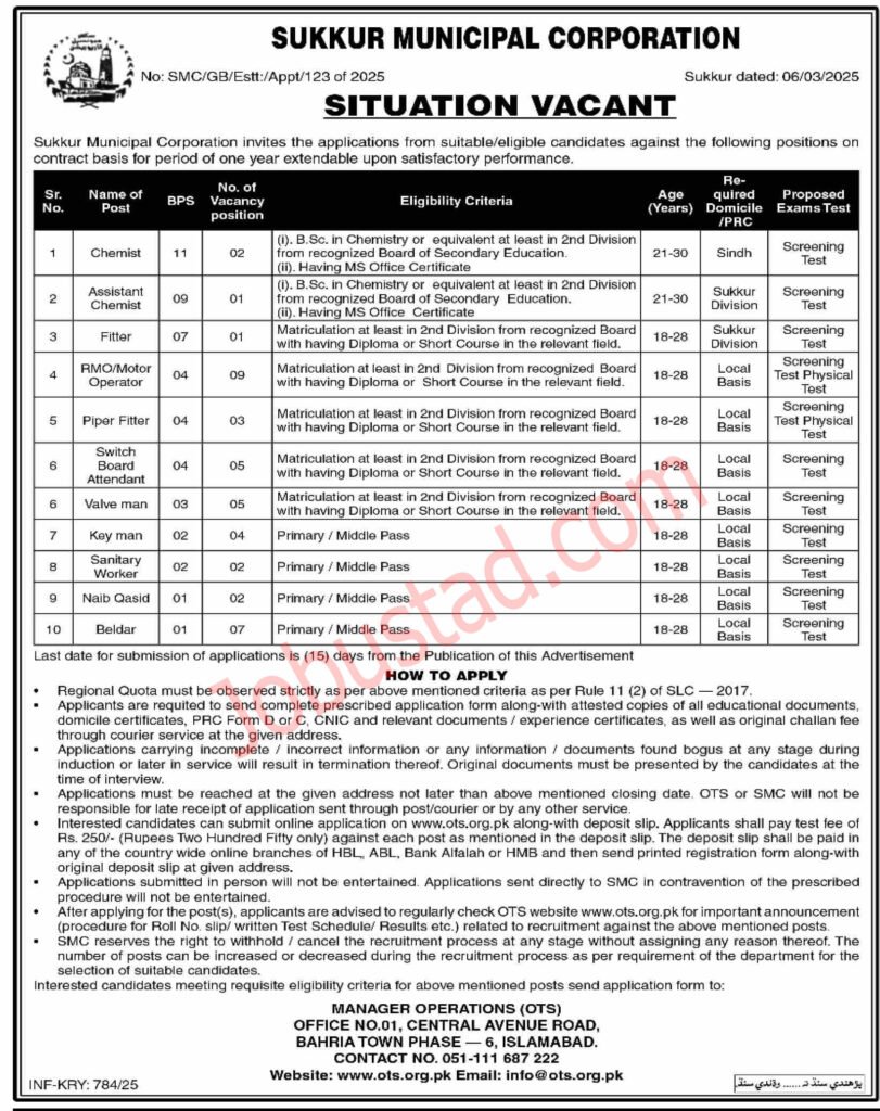 Sukkur Municipal Corporation Jobs in Karachi March 2025