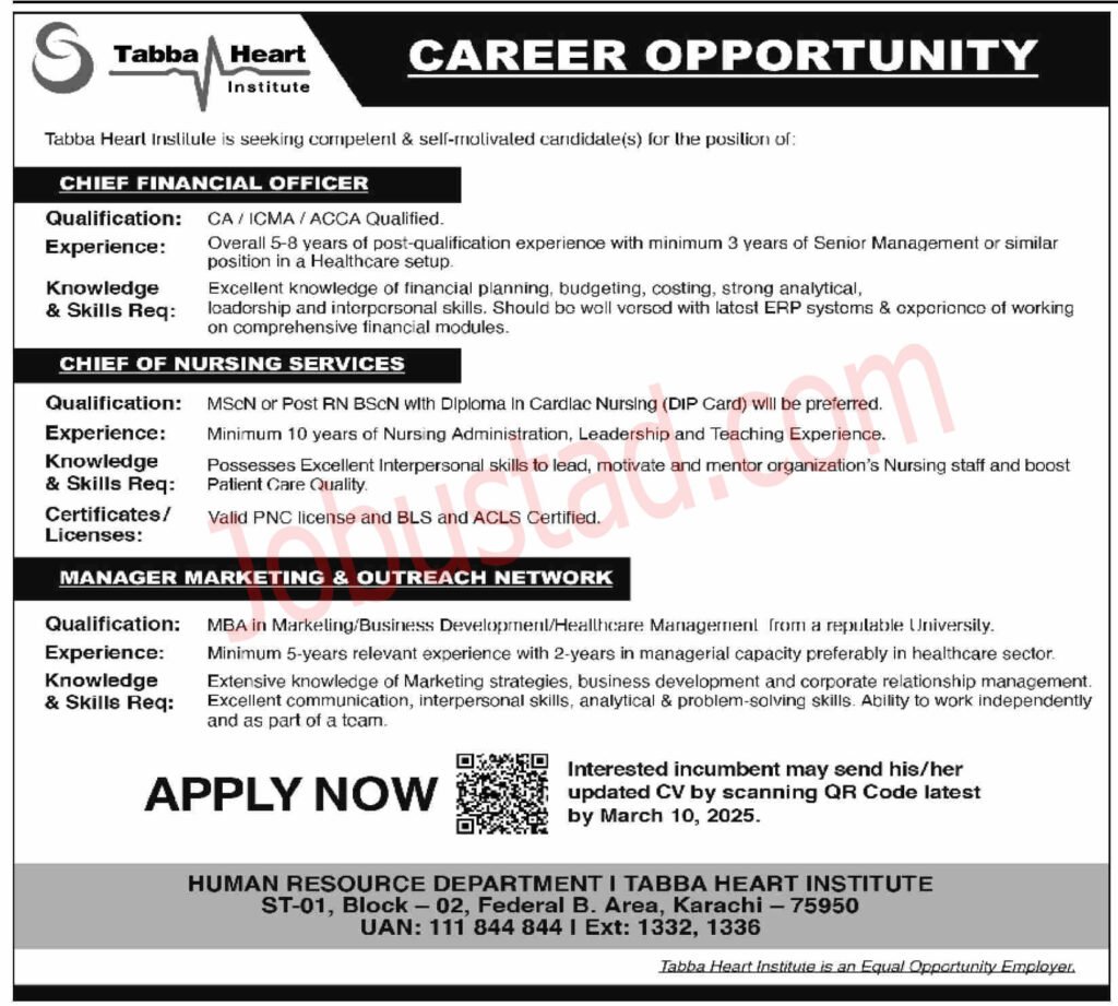 Tabba Heart Institute Jobs in Karachi March 2025