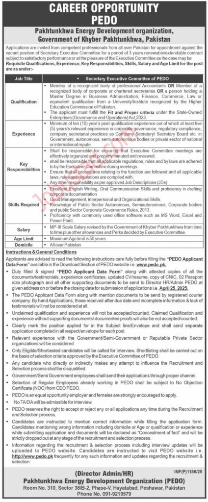 Pakhtunkhwa Energy Development Organization PEDO Jobs April 2025