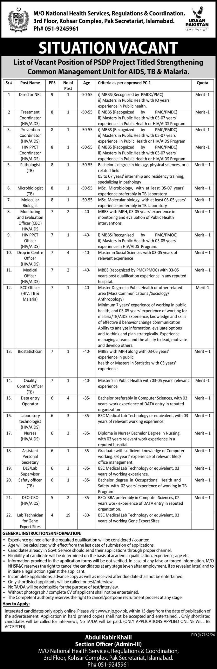 Ministry of National Health Services Jobs in Islamabad April 2025 – Apply Online