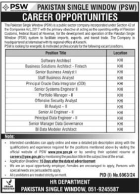 Pakistan Single Window PSW jobs in Karachi April 2025