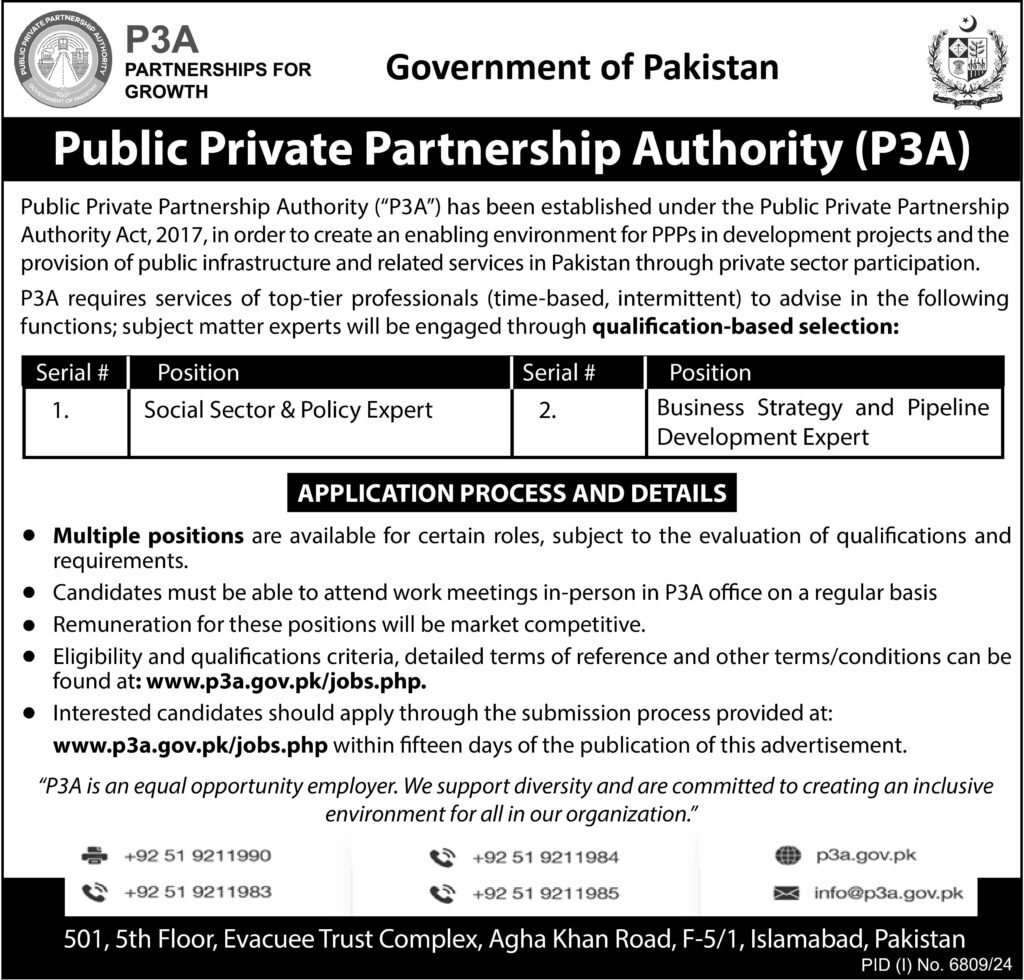 Public Private Partnership Authority P3A jobs Government of Pakistan April 2025